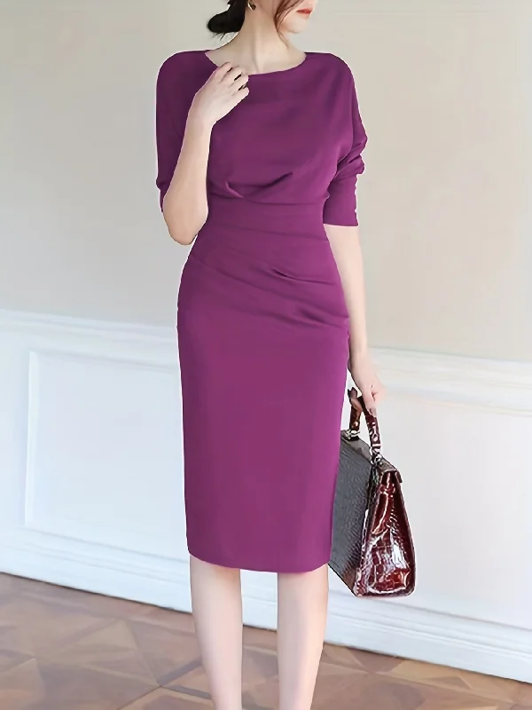 Weekend Bargains to Celebrate Sixsr Solid Lantern Sleeve Split Dress, Elegant Boat Neck Midi Dress For Spring & Summer, Women's Clothing Weekend Bargains to Celebrate Sixsr Solid Lantern Sleeve Split Dress, Elegant Boat Neck Midi Dress For Spring & Summer, Women's Clothing