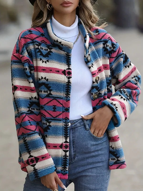 Online Deal Sixsr Plus Size Casual Coat, Women's Plus Aztec Print Teddy Fleece Long Sleeve Button Up Mock Neck Coat Online Deal Sixsr Plus Size Casual Coat, Women's Plus Aztec Print Teddy Fleece Long Sleeve Button Up Mock Neck Coat