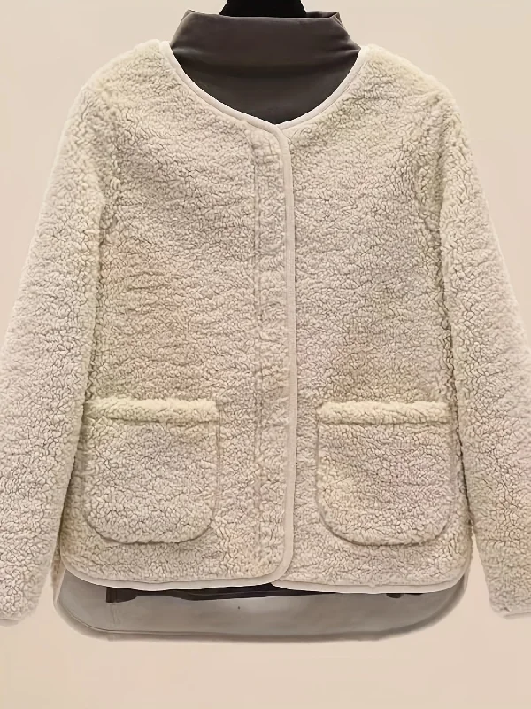Flash Deal Sixsr Solid Pocket Front Teddy Coat, Casual Crew Neck Long Sleeve Outerwear, Women's Clothing