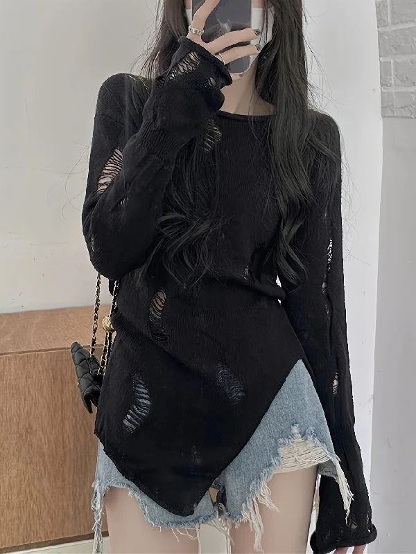Bonus Offer Sixsr Y2K Solid Boat Neck Ripped Sweater, Asymmetrical Hem Long Sleeve Sweater For Spring & Fall, Women's Clothing Bonus Offer Sixsr Y2K Solid Boat Neck Ripped Sweater, Asymmetrical Hem Long Sleeve Sweater For Spring & Fall, Women's Clothing