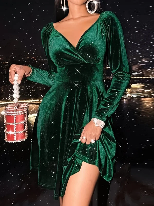 Weekend Discounts to Relish Sixsr Plus Size Elegant Dress, Women's Plus Solid Velvet Ruched Long Sleeve V Neck Nipped Waist A-line Dress Weekend Discounts to Relish Sixsr Plus Size Elegant Dress, Women's Plus Solid Velvet Ruched Long Sleeve V Neck Nipped Waist A-line Dress