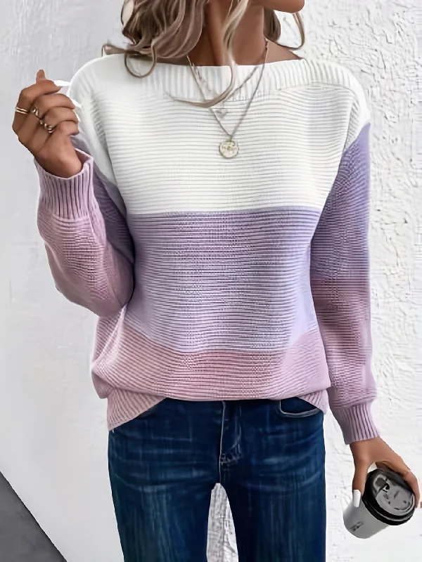 Weekend Bargains Galore Sixsr Color Block Boat Neck Pullover Sweater, Casual Long Sleeve Loose Sweater, Women's Clothing Weekend Bargains Galore Sixsr Color Block Boat Neck Pullover Sweater, Casual Long Sleeve Loose Sweater, Women's Clothing
