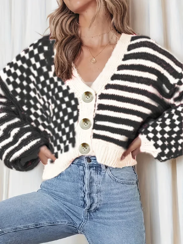 Weekend Deals That Sparkle Sixsr Preppy Plaid & Striped Knitted Cardigan, Casual Long Sleeve V-neck Button Front Cardigan For Spring & Fall, Women's Clothing Weekend Deals That Sparkle Sixsr Preppy Plaid & Striped Knitted Cardigan, Casual Long Sleeve V-neck Button Front Cardigan For Spring & Fall, Women's Clothing