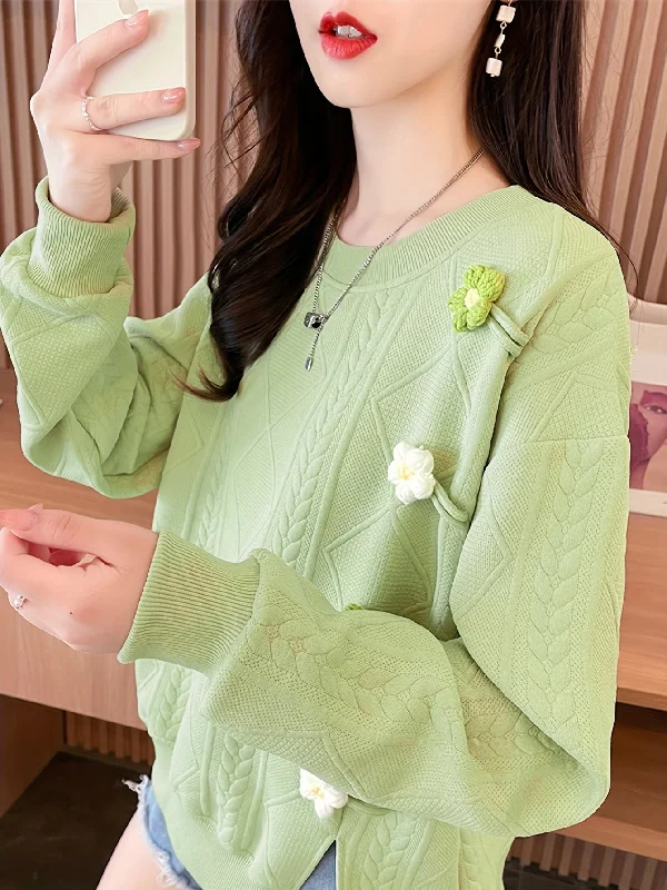 Massive Deal Sixsr Floral Decor Crew Neck Textured Sweatshirt, Casual Long Sleeve Sweatshirt For Fall & Winter, Women's Clothing Massive Deal Sixsr Floral Decor Crew Neck Textured Sweatshirt, Casual Long Sleeve Sweatshirt For Fall & Winter, Women's Clothing