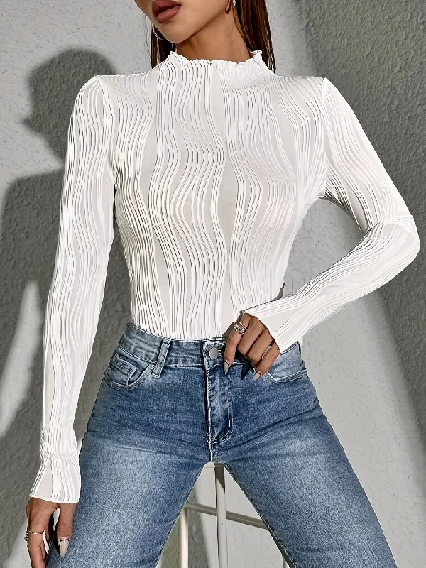 Clearance Sale Sixsr Textured Mock Neck T-Shirt, Casual Long Sleeve Top For Spring & Fall, Women's Clothing Clearance Sale Sixsr Textured Mock Neck T-Shirt, Casual Long Sleeve Top For Spring & Fall, Women's Clothing