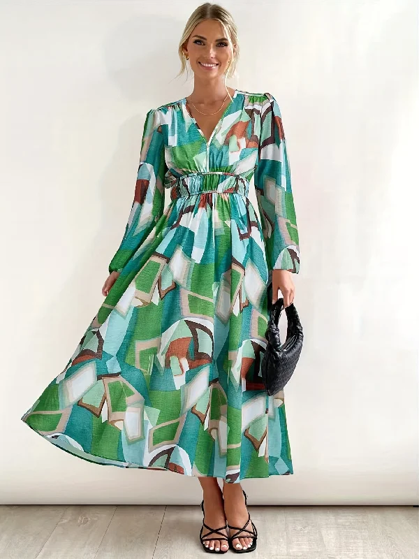 Exclusive Offer Sixsr Geo Print V Neck Dress, Boho Lantern Sleeve Dress, Women's Clothing Exclusive Offer Sixsr Geo Print V Neck Dress, Boho Lantern Sleeve Dress, Women's Clothing