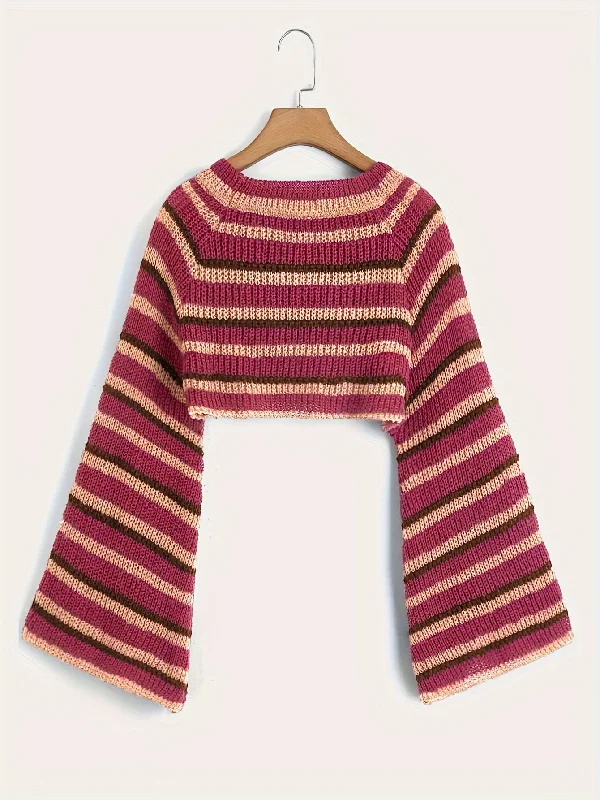 Weekend Savings Spectacular Sixsr Y2K Striped Crew Neck Knit Sweater, Bell Sleeve Crop Sweater For Spring & Fall, Women's Clothing Weekend Savings Spectacular Sixsr Y2K Striped Crew Neck Knit Sweater, Bell Sleeve Crop Sweater For Spring & Fall, Women's Clothing