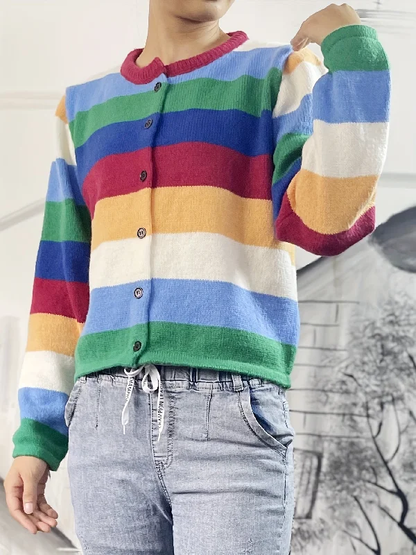 Special Offer Sixsr Rainbow Striped Button Up Knit Cardigan, Boho Crew Neck Long Sleeve Sweater, Women's Clothing Special Offer Sixsr Rainbow Striped Button Up Knit Cardigan, Boho Crew Neck Long Sleeve Sweater, Women's Clothing