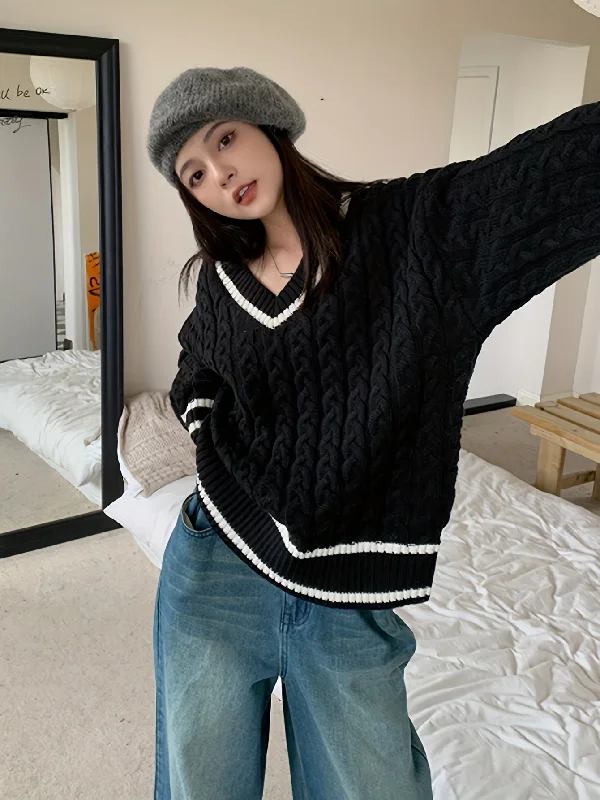Unmissable Sale Sixsr Cable V Neck Pullover Sweater, Casual Long Sleeve Drop Shoulder Sweater, Women's Clothing Unmissable Sale Sixsr Cable V Neck Pullover Sweater, Casual Long Sleeve Drop Shoulder Sweater, Women's Clothing