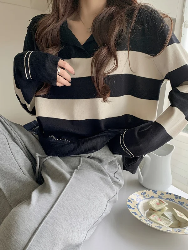 Weekend Savings Fiesta Sixsr Striped V Neck Pullover Sweater, Casual Long Sleeve Loose Sweater, Women's Clothing Weekend Savings Fiesta Sixsr Striped V Neck Pullover Sweater, Casual Long Sleeve Loose Sweater, Women's Clothing