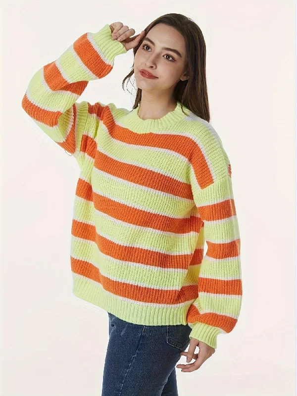 Can't Resist Sixsr Striped Crew Neck Pullover Sweater, Casual Long Sleeve Loose Sweater, Women's Clothing Can't Resist Sixsr Striped Crew Neck Pullover Sweater, Casual Long Sleeve Loose Sweater, Women's Clothing
