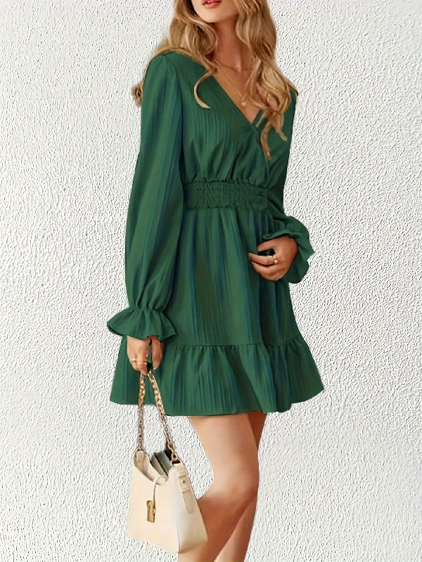 Weekend Specials You Can't Miss Sixsr Shirred Waist Ruffle Trim Dress, Casual V Neck Long Sleeve Dress, Women's Clothing Weekend Specials You Can't Miss Sixsr Shirred Waist Ruffle Trim Dress, Casual V Neck Long Sleeve Dress, Women's Clothing