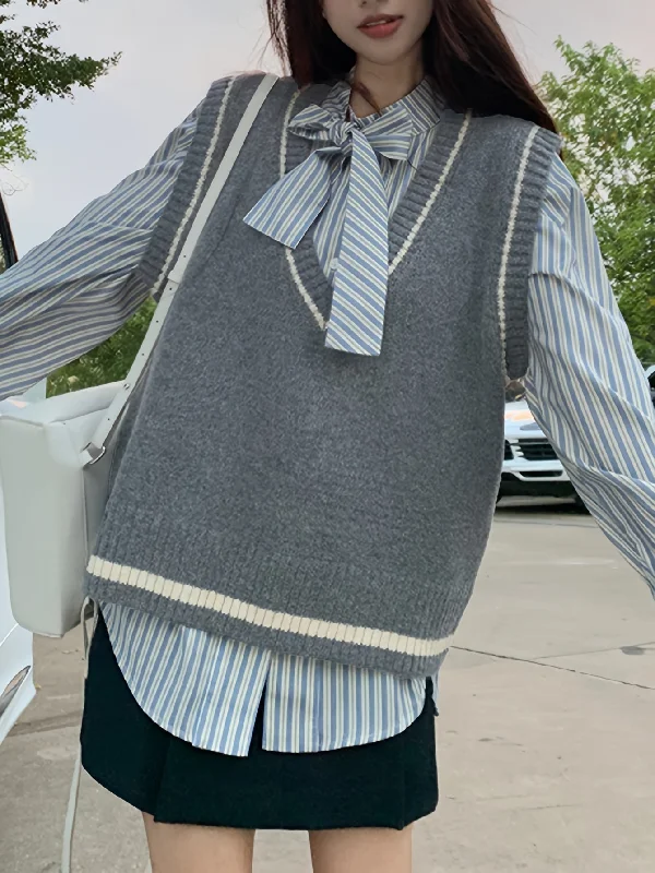 Price Drop Sixsr Preppy Style V Neck Knitted Vest, Casual Sleeveless Loose Sweater, Women's Clothing Price Drop Sixsr Preppy Style V Neck Knitted Vest, Casual Sleeveless Loose Sweater, Women's Clothing