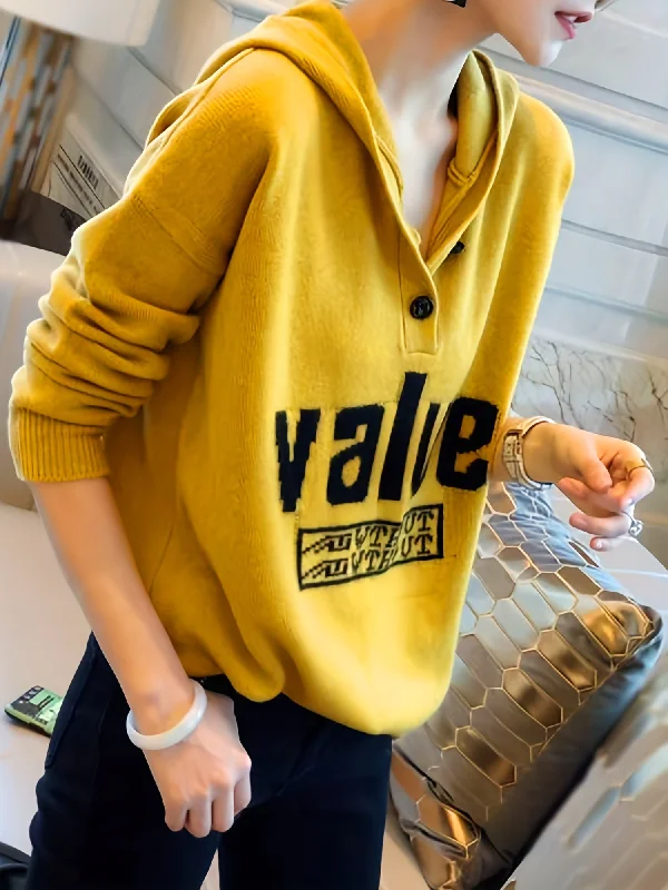 Now or Never Sixsr Letter Pattern Button Hooded Sweater, Casual Long Sleeve Drop Shoulder Sweater For Fall & Winter, Women's Clothing Now or Never Sixsr Letter Pattern Button Hooded Sweater, Casual Long Sleeve Drop Shoulder Sweater For Fall & Winter, Women's Clothing