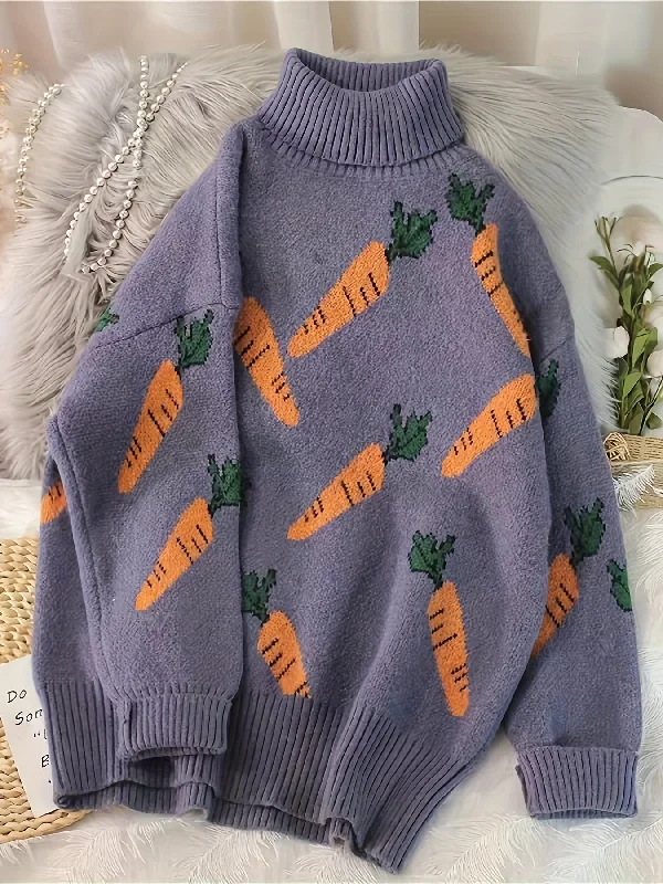 Steals and Deals Sixsr Orange Pattern Knitted Pullover Sweater, Casual Turtleneck Long Sleeve Sweater, Women's Clothing Steals and Deals Sixsr Orange Pattern Knitted Pullover Sweater, Casual Turtleneck Long Sleeve Sweater, Women's Clothing