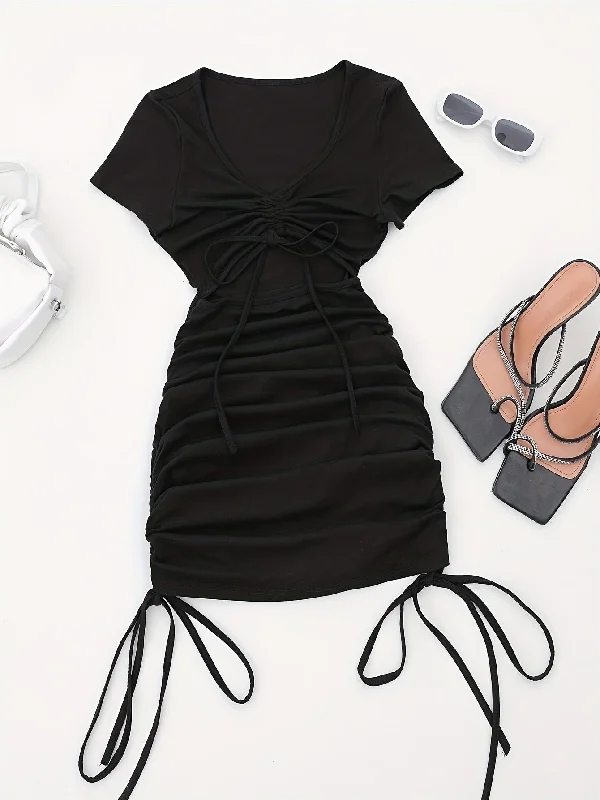 Final Offer Sixsr Kpop Drawstring Cut Out Bodycon Dress, Sexy Short Sleeve Ruched Dress For Summer, Women's Clothing Final Offer Sixsr Kpop Drawstring Cut Out Bodycon Dress, Sexy Short Sleeve Ruched Dress For Summer, Women's Clothing