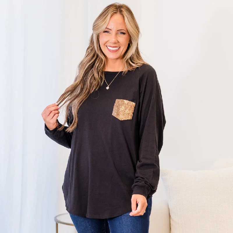 Take Action Curved Hem Slouchy Dolman Tunic, Black Sequin