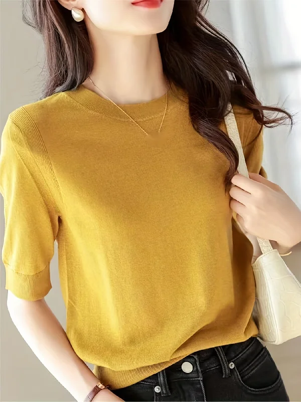 Weekend Offers That Delight Sixsr Half Sleeve Knit Swearter, Casual Crew Neck Solid Sweater For Spring & Summer, Women's Clothing Weekend Offers That Delight Sixsr Half Sleeve Knit Swearter, Casual Crew Neck Solid Sweater For Spring & Summer, Women's Clothing