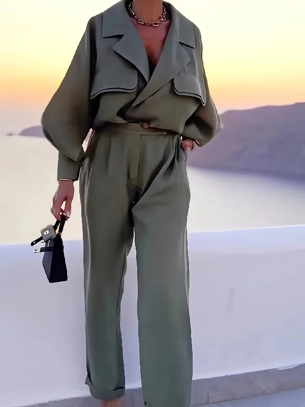 Big Savings Sixsr Casual Solid Two-piece Set, Lapel Pocket Long Sleeve Top & Elastic Waist Back Pants Outfits, Women's Clothing Big Savings Sixsr Casual Solid Two-piece Set, Lapel Pocket Long Sleeve Top & Elastic Waist Back Pants Outfits, Women's Clothing