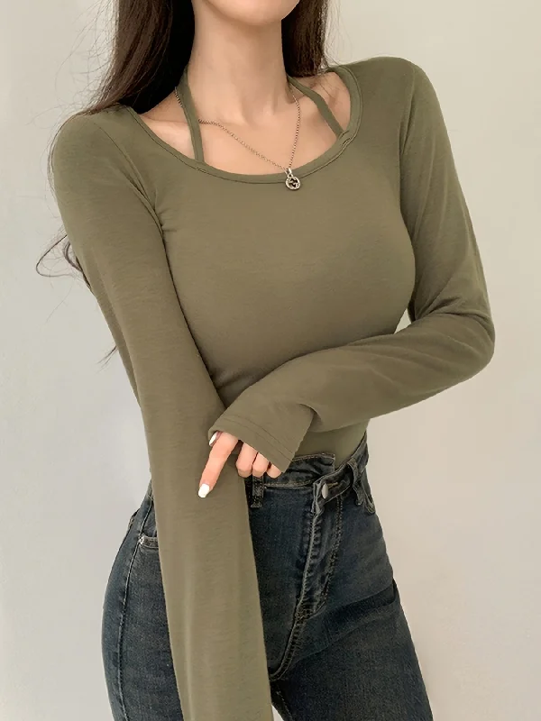 Early Bird Sixsr Solid Tied Crew Neck T-Shirt, Casual Long Sleeve Top For Spring & Fall, Women's Clothing Early Bird Sixsr Solid Tied Crew Neck T-Shirt, Casual Long Sleeve Top For Spring & Fall, Women's Clothing
