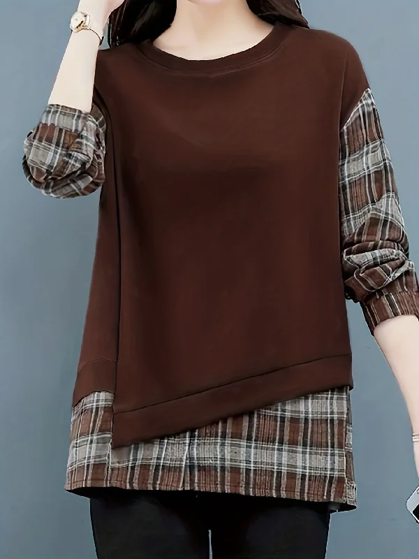 Exclusive Deal Sixsr Long Sleeve Plaid Pullover, Crew Neck Casual Top For Spring & Fall, Women's Clothing Exclusive Deal Sixsr Long Sleeve Plaid Pullover, Crew Neck Casual Top For Spring & Fall, Women's Clothing