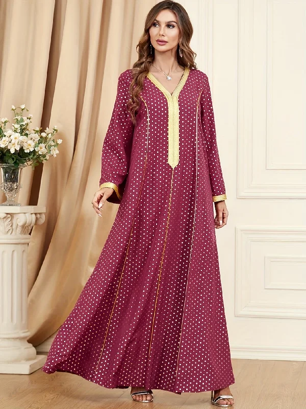Hurry Up Sixsr Pin Dot Maxi Kaftan Dress, Elegant V Neck Long Sleeve Dress, Women's Clothing Hurry Up Sixsr Pin Dot Maxi Kaftan Dress, Elegant V Neck Long Sleeve Dress, Women's Clothing
