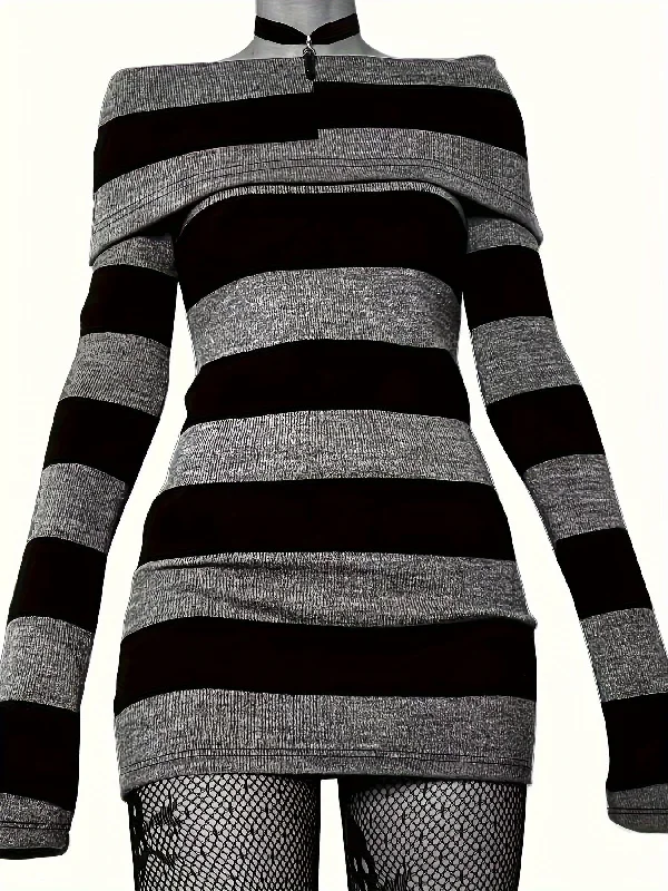 Price Slash Sixsr Striped Print Foldover Dress, Casual Long Sleeve Bodycon Dress, Women's Clothing Price Slash Sixsr Striped Print Foldover Dress, Casual Long Sleeve Bodycon Dress, Women's Clothing