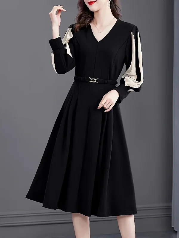 Weekend Offers That Sizzle Sixsr Color Block V Neck Dress, Casual Long Sleeve Versatile Dress, Women's Clothing Weekend Offers That Sizzle Sixsr Color Block V Neck Dress, Casual Long Sleeve Versatile Dress, Women's Clothing