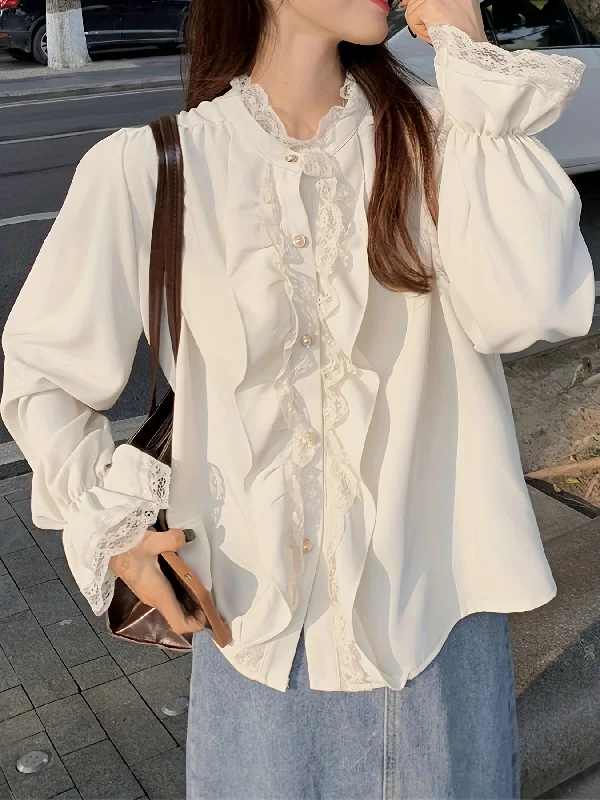 Big Deal Sixsr Contrast Lace Ruffle Decor Blouse, Chic Button Front Long Sleeve Blouse, Women's Clothing Big Deal Sixsr Contrast Lace Ruffle Decor Blouse, Chic Button Front Long Sleeve Blouse, Women's Clothing
