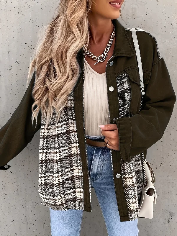 Major Deal Sixsr Plaid Print Splicing Jacket, Casual Button Front Long Sleeve Outerwear, Women's Clothing Major Deal Sixsr Plaid Print Splicing Jacket, Casual Button Front Long Sleeve Outerwear, Women's Clothing