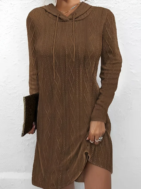 Weekend Savings Spree Sixsr Solid Drawstring Textured Hooded Dress, Casual Long Sleeve Dress For Spring & Fall, Women's Clothing Weekend Savings Spree Sixsr Solid Drawstring Textured Hooded Dress, Casual Long Sleeve Dress For Spring & Fall, Women's Clothing