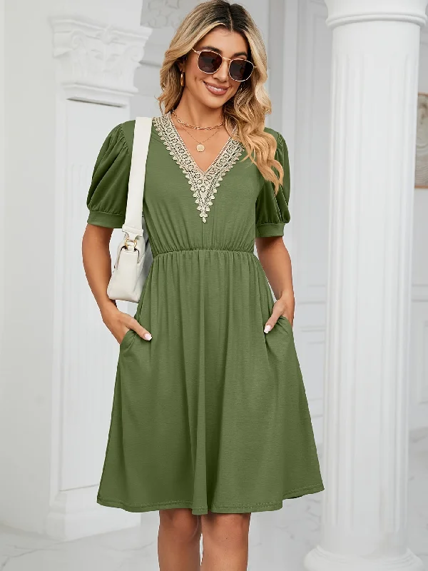 Weekend Discounts Worth Grabbing Sixsr Lace Stitching Pocket Dress, Casual Short Sleeve V-neck Dress, Women's Clothing Weekend Discounts Worth Grabbing Sixsr Lace Stitching Pocket Dress, Casual Short Sleeve V-neck Dress, Women's Clothing