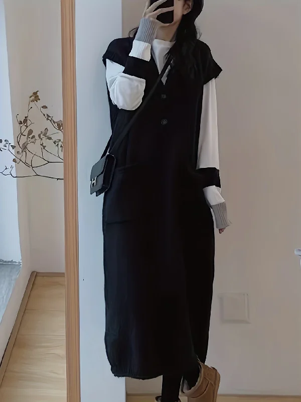 Great Deal Sixsr Button Decor Sleeveless Knit Dress, Casual V Neck Dual Pocket Vest Dress For Fall & Winter, Women's Clothing Great Deal Sixsr Button Decor Sleeveless Knit Dress, Casual V Neck Dual Pocket Vest Dress For Fall & Winter, Women's Clothing