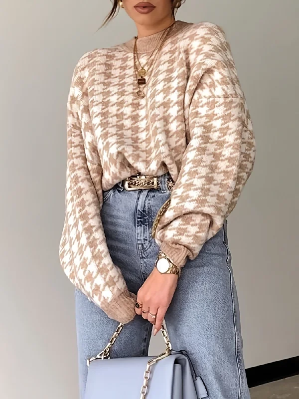 Weekend Deals That Excite Sixsr Houndstooth Print Knitted Sweater, Casual Long Sleeve Loose Sweater For Fall & Winter, Women's Clothing