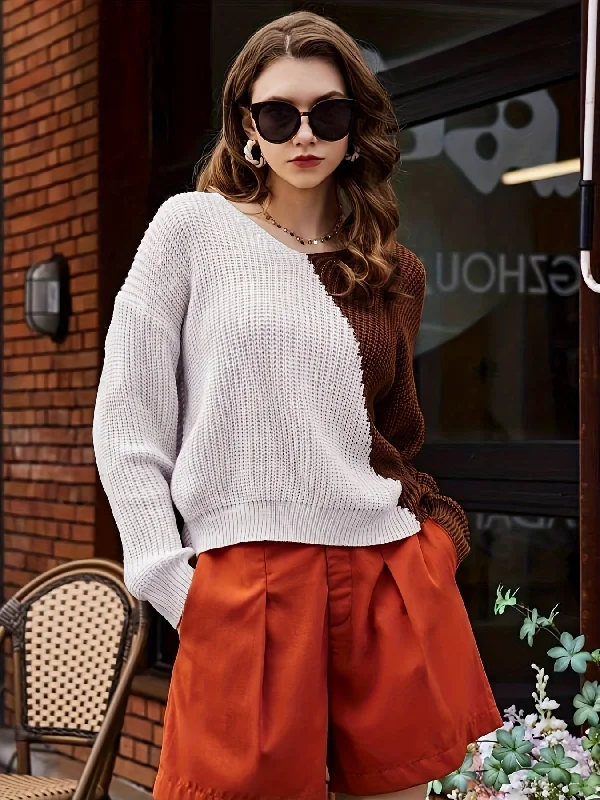 Weekend-Only Price Drops Sixsr Color Block V Neck Pullover Sweater, Casual Long Sleeve Drop Shoulder Sweater, Women's Clothing Weekend-Only Price Drops Sixsr Color Block V Neck Pullover Sweater, Casual Long Sleeve Drop Shoulder Sweater, Women's Clothing