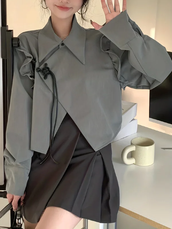 Super Savings Sixsr Solid Asymmetrical Hem Blouse, Casual Ruffle Trim Long Sleeve Blouse For Spring & Fall, Women's Clothing Super Savings Sixsr Solid Asymmetrical Hem Blouse, Casual Ruffle Trim Long Sleeve Blouse For Spring & Fall, Women's Clothing