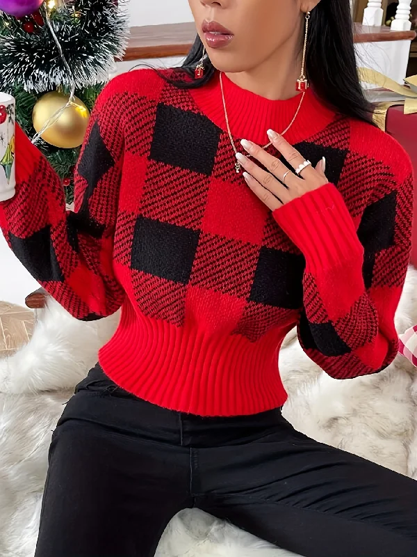 Fantastic Savings Sixsr Christmas Plaid Mock Neck Pullover Sweater, Casual Cinched Waist Long Sleeve Sweater, Women's Clothing Fantastic Savings Sixsr Christmas Plaid Mock Neck Pullover Sweater, Casual Cinched Waist Long Sleeve Sweater, Women's Clothing