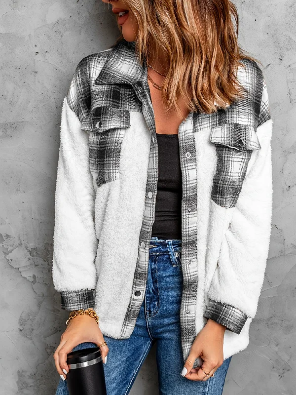 Time-Sensitive Sixsr Plaid Print Splicing Jacket, Casual Button Front Long Sleeve Outerwear, Women's Clothing Time-Sensitive Sixsr Plaid Print Splicing Jacket, Casual Button Front Long Sleeve Outerwear, Women's Clothing