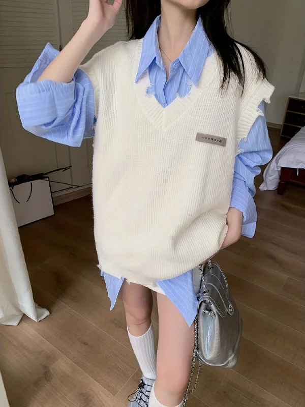 Celebrate the Weekend with Discounts Sixsr Oversized Ripped V Neck Sweater Vest, Casual Sleeveless Ram Hem Sweater, Women's Clothing Celebrate the Weekend with Discounts Sixsr Oversized Ripped V Neck Sweater Vest, Casual Sleeveless Ram Hem Sweater, Women's Clothing