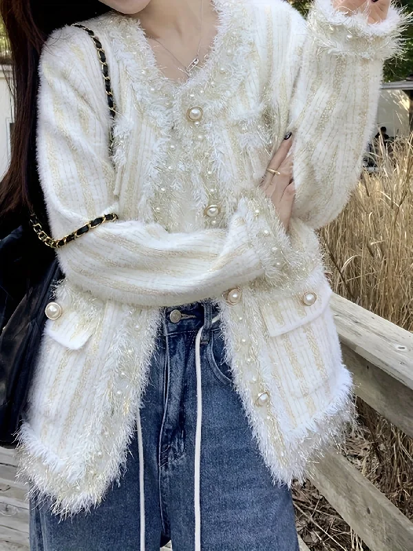 Weekend Bargains to Snag Sixsr Solid Beaded Button Outwear, Elegant Long Sleeve Knit Outwear For Fall & Winter, Women's Clothing Weekend Bargains to Snag Sixsr Solid Beaded Button Outwear, Elegant Long Sleeve Knit Outwear For Fall & Winter, Women's Clothing