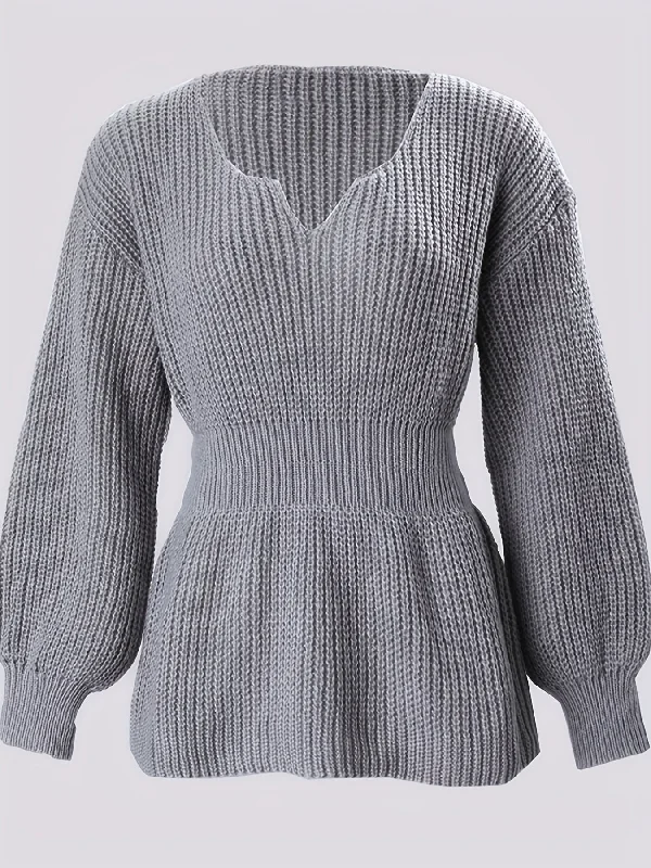 Final Offer Sixsr Solid Notched Neck Knit Sweater, Elegant Cinched Waist Ruffle Long Sleeve Sweater, Women's Clothing Final Offer Sixsr Solid Notched Neck Knit Sweater, Elegant Cinched Waist Ruffle Long Sleeve Sweater, Women's Clothing