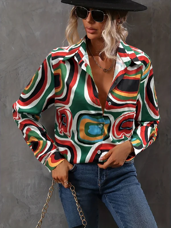 Massive Deal Sixsr Abstract Print Shirt, Casual Button Front Long Sleeve Shirt, Women's Clothing