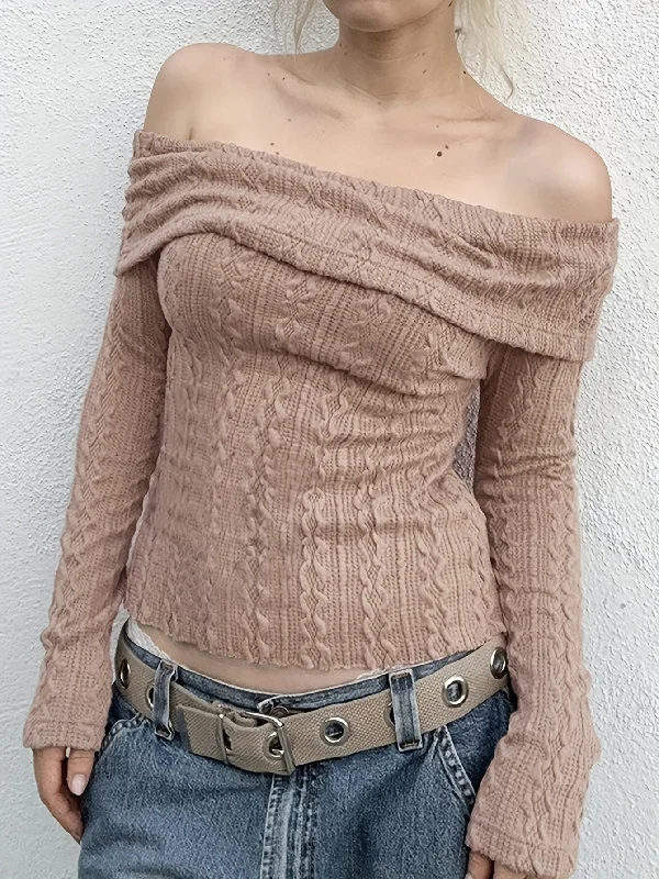 Weekend Deals to Brighten Your Day Sixsr Solid Textured Off Shoulder T-Shirt, Casual Long Sleeve Top For Spring & Fall, Women's Clothing Weekend Deals to Brighten Your Day Sixsr Solid Textured Off Shoulder T-Shirt, Casual Long Sleeve Top For Spring & Fall, Women's Clothing