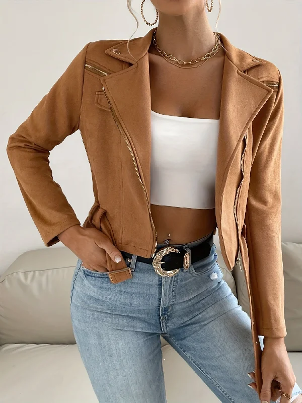 Your Weekend, Your Savings Sixsr Solid Zip Up Biker Jacket, Casual Lapel Long Sleeve Crop Jacket For Spring & Fall, Women's Clothing Your Weekend, Your Savings Sixsr Solid Zip Up Biker Jacket, Casual Lapel Long Sleeve Crop Jacket For Spring & Fall, Women's Clothing