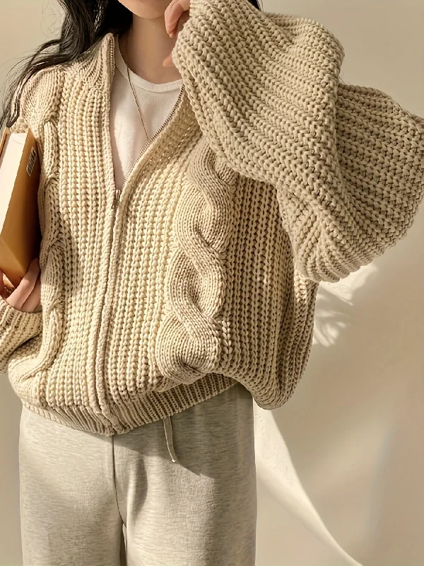 Weekend Savings Sensation Sixsr Solid Zip Up Chunky Knit Cardigan, Vintage Long Sleeve Loose Sweater, Women's Clothing Weekend Savings Sensation Sixsr Solid Zip Up Chunky Knit Cardigan, Vintage Long Sleeve Loose Sweater, Women's Clothing