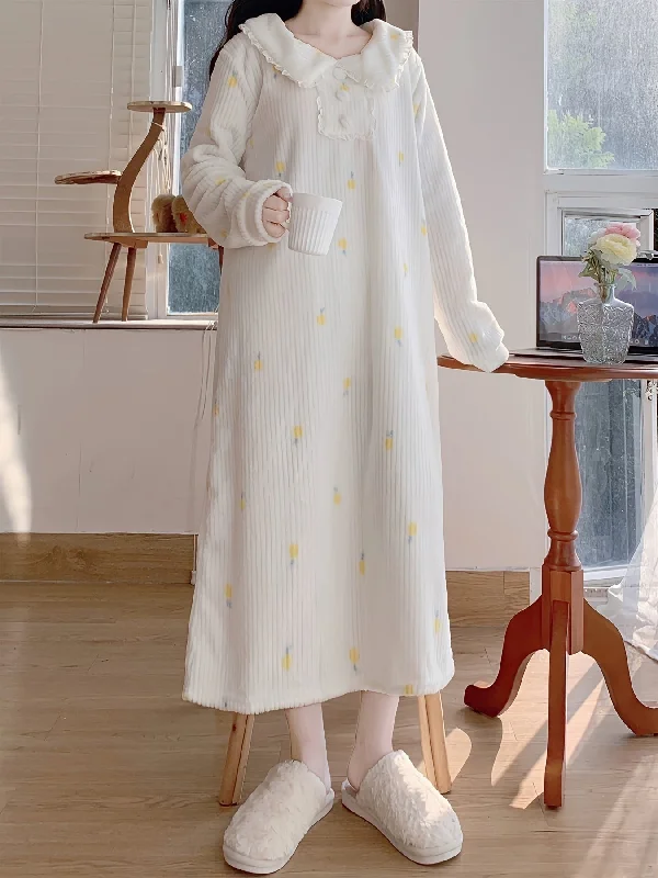 Take Advantage Sixsr Pineapple Print Fuzzy NightDress, Long Sleeve Lapel Pajama Dress, Women's Sleepwear & Dresses Take Advantage Sixsr Pineapple Print Fuzzy NightDress, Long Sleeve Lapel Pajama Dress, Women's Sleepwear & Dresses