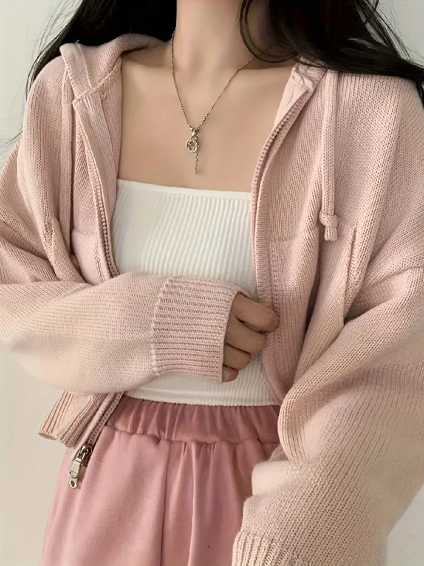 Super Bargain Sixsr Drop Shoulder Knit Cardigan, Elegant Zip Up Long Sleeve Hooded Sweater, Women's Clothing Super Bargain Sixsr Drop Shoulder Knit Cardigan, Elegant Zip Up Long Sleeve Hooded Sweater, Women's Clothing