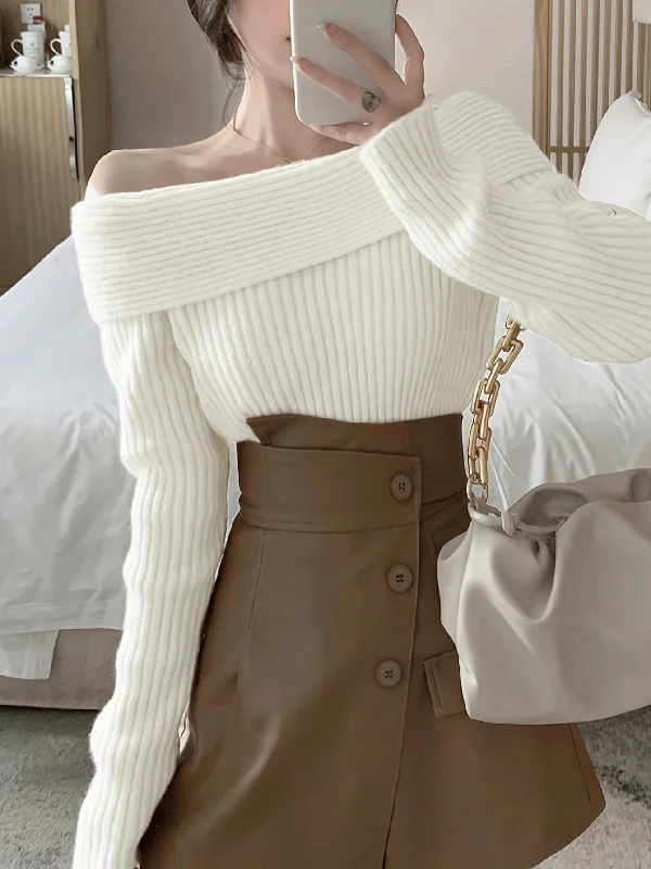 Weekend Bargains Galore Sixsr Solid Off Shoulder Knit Sweater, Casual Long Sleeve Pullover Sweater, Women's Clothing