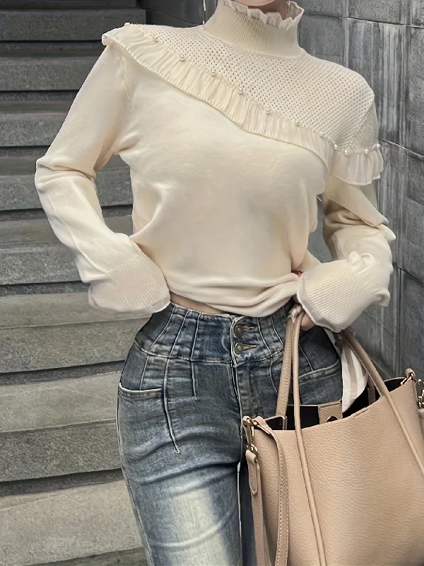 New Arrival Sixsr Beaded Lace Trim Turtle Neck Knitted Top, Elegant Long Sleeve Slim Sweater For Spring & Fall, Women's Clothing New Arrival Sixsr Beaded Lace Trim Turtle Neck Knitted Top, Elegant Long Sleeve Slim Sweater For Spring & Fall, Women's Clothing