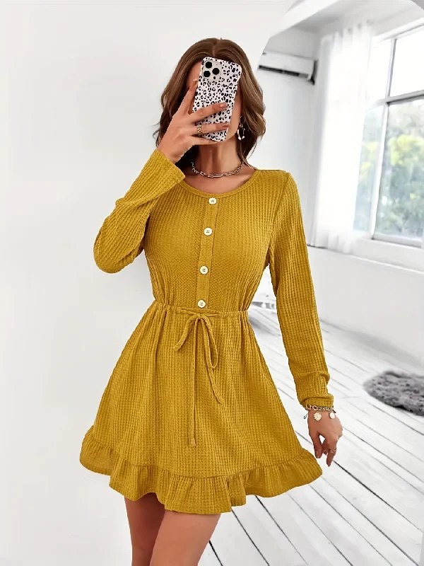 Weekend Specials to Enjoy Sixsr Ruffle Hem Button Front Dress, Casual Long Sleeve Crew Neck Drawstring Dress, Women's Clothing Weekend Specials to Enjoy Sixsr Ruffle Hem Button Front Dress, Casual Long Sleeve Crew Neck Drawstring Dress, Women's Clothing